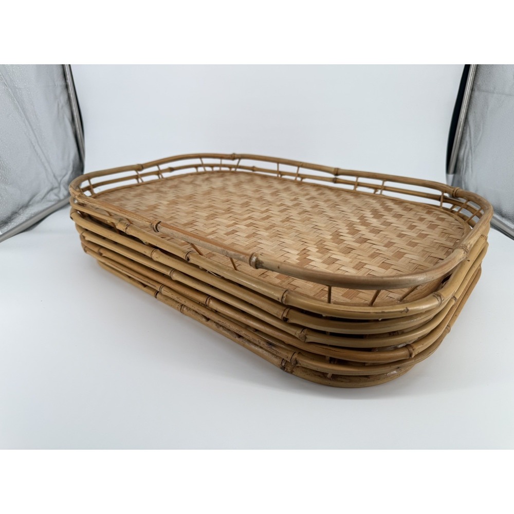 Set of 6 Vintage Bamboo Wicker Rattan Serving Trays Mid Century Japanese Wares - Picture 3 of 16